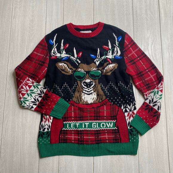 Ugly Holiday Sweater Let It Glow Reindeer Christmas Sweater Size Large - Picture 2 of 9